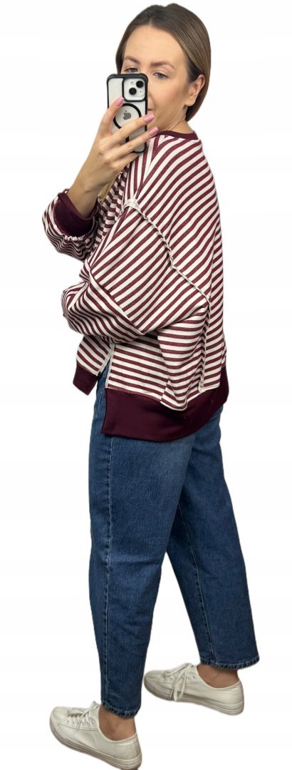 Bluza oversize luźna w poziome paski bawełniana rozcięcia bordo Azara- CUT
