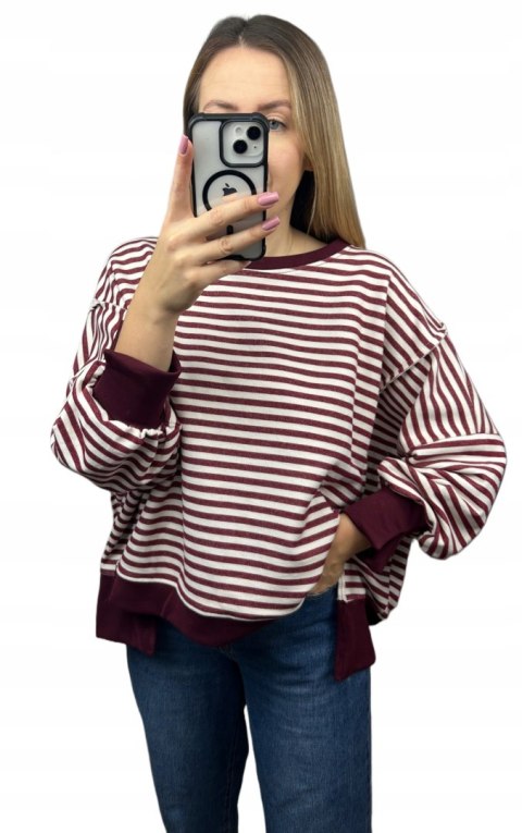 Bluza oversize luźna w poziome paski bawełniana rozcięcia bordo Azara- CUT