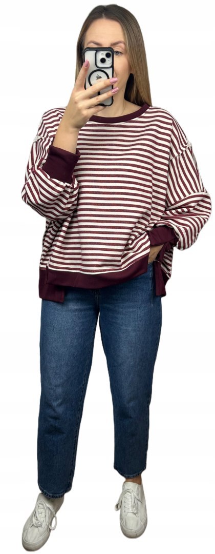 Bluza oversize luźna w poziome paski bawełniana rozcięcia bordo Azara- CUT