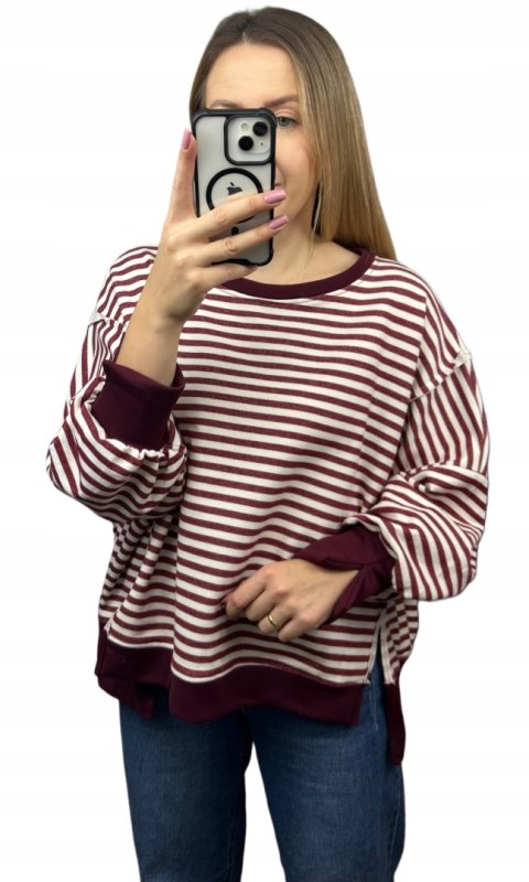 Bluza oversize luźna w poziome paski bawełniana rozcięcia bordo Azara- CUT