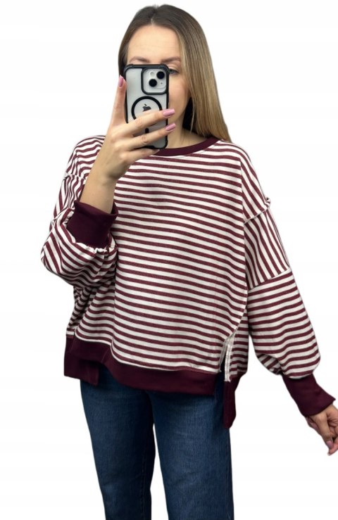 Bluza oversize luźna w poziome paski bawełniana rozcięcia bordo Azara- CUT
