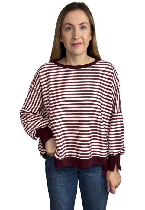 Bluza oversize luźna w poziome paski bawełniana rozcięcia bordo Azara- CUT