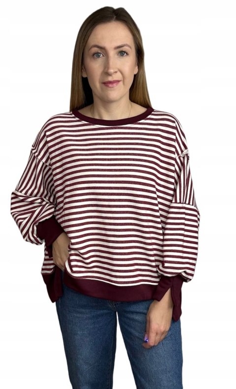 Bluza oversize luźna w poziome paski bawełniana rozcięcia bordo Azara- CUT