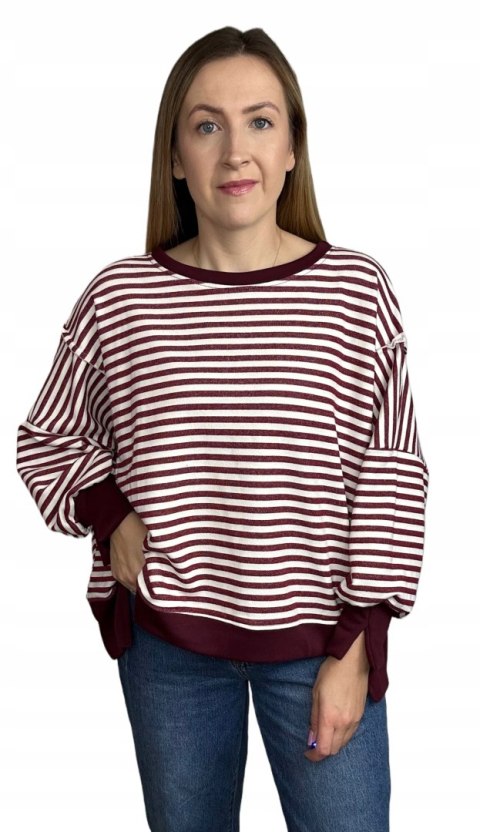 Bluza oversize luźna w poziome paski bawełniana rozcięcia bordo Azara- CUT
