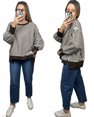 Bluza oversize luźna w poziome paski bawełniana rozcięcia brązowa Azara- CUT