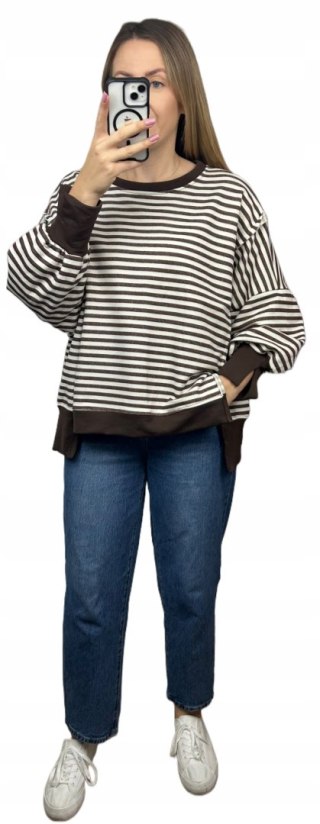 Bluza oversize luźna w poziome paski bawełniana rozcięcia brązowa Azara- CUT