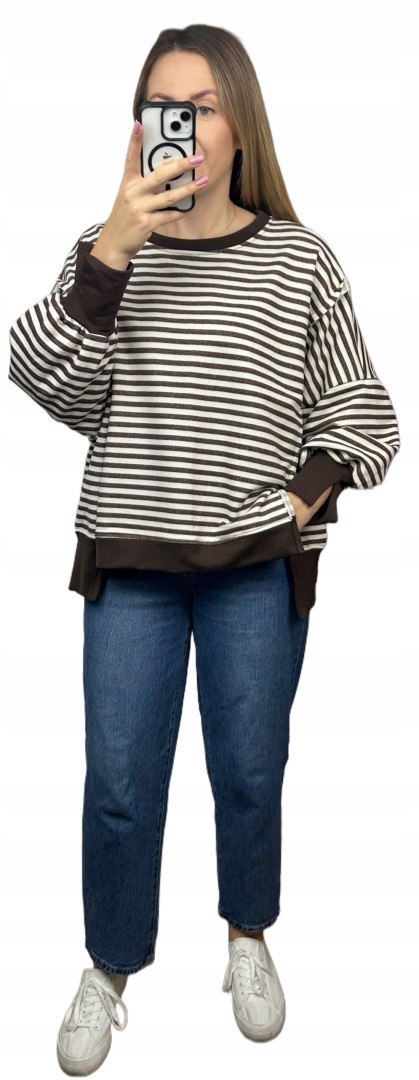 Bluza oversize luźna w poziome paski bawełniana rozcięcia brązowa Azara- CUT
