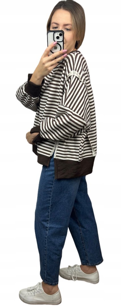 Bluza oversize luźna w poziome paski bawełniana rozcięcia brązowa Azara- CUT