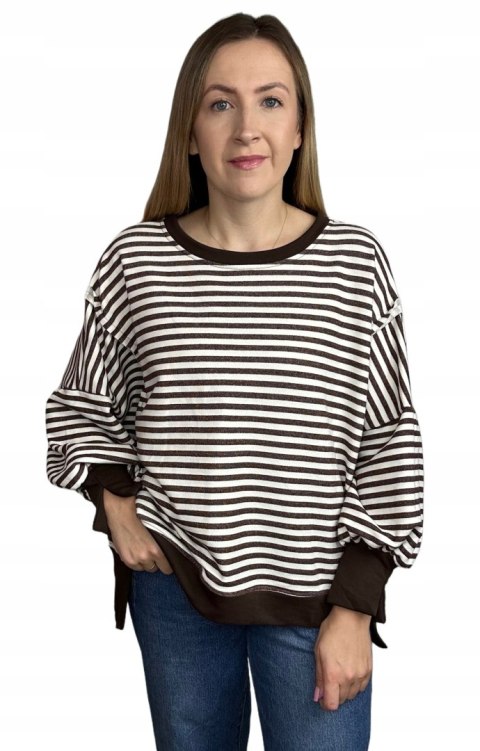 Bluza oversize luźna w poziome paski bawełniana rozcięcia brązowa Azara- CUT