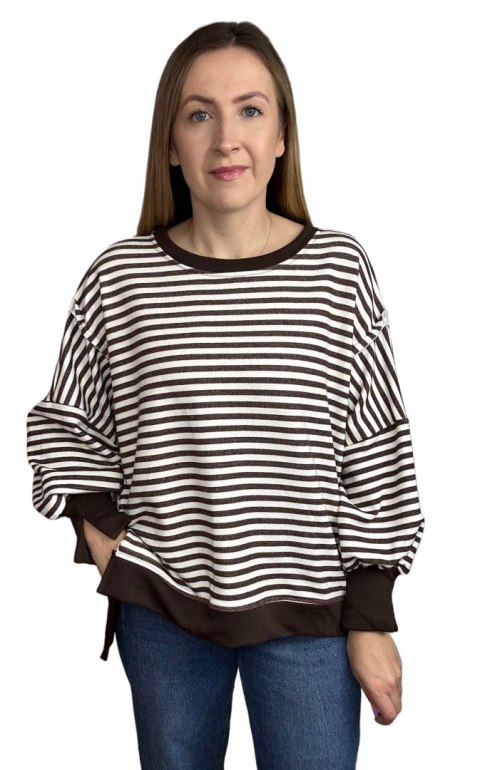Bluza oversize luźna w poziome paski bawełniana rozcięcia brązowa Azara- CUT