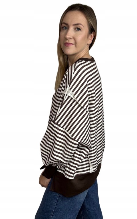 Bluza oversize luźna w poziome paski bawełniana rozcięcia brązowa Azara- CUT