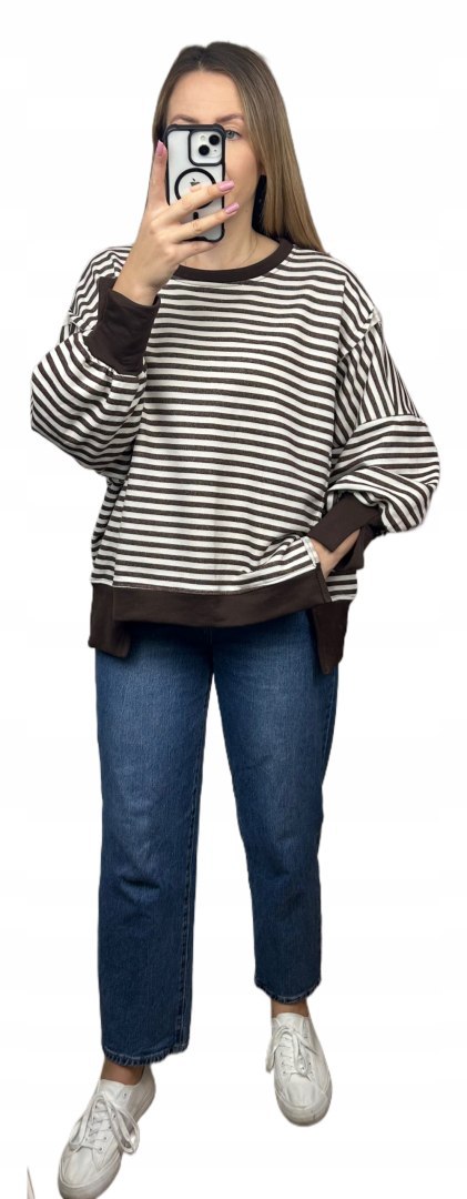 Bluza oversize luźna w poziome paski bawełniana rozcięcia brązowa Azara- CUT