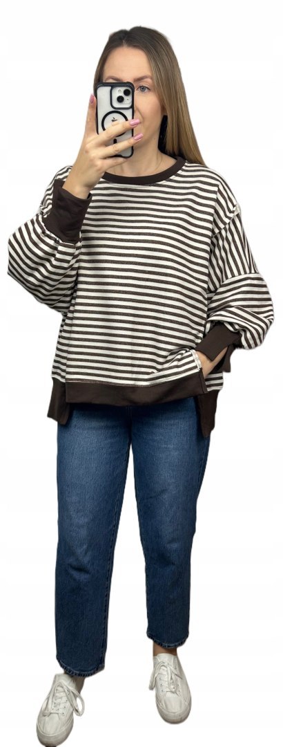 Bluza oversize luźna w poziome paski bawełniana rozcięcia brązowa Azara- CUT