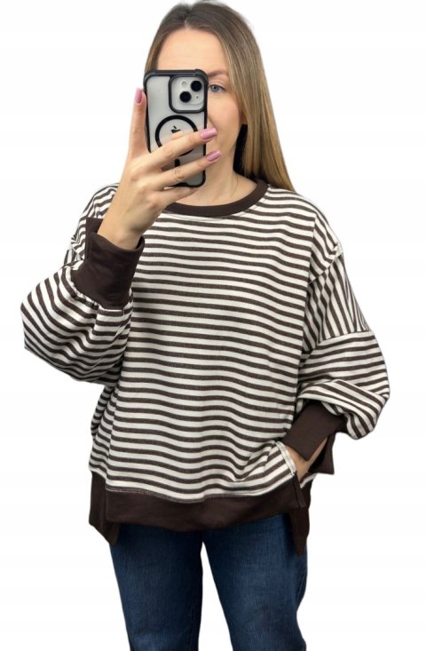 Bluza oversize luźna w poziome paski bawełniana rozcięcia brązowa Azara- CUT