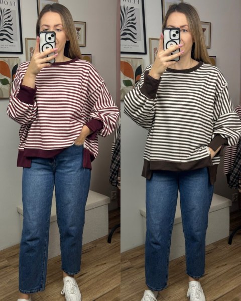Bluza oversize luźna w poziome paski bawełniana rozcięcia brązowa Azara- CUT