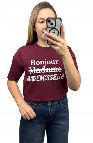 Bordowy t-shirt biały napis oversize bawełniany Millagro- BONJOUR