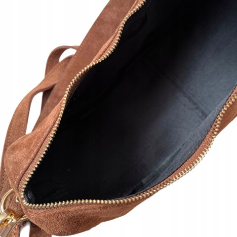 Cynamonowa torebka typu hobo skóra naturalna zamsz zamszowa Vera Pelle- DOUBLE STRAP