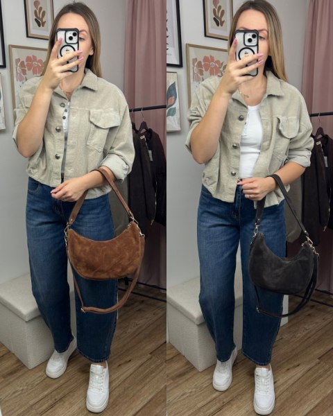 Cynamonowa torebka typu hobo skóra naturalna zamsz zamszowa Vera Pelle- DOUBLE STRAP