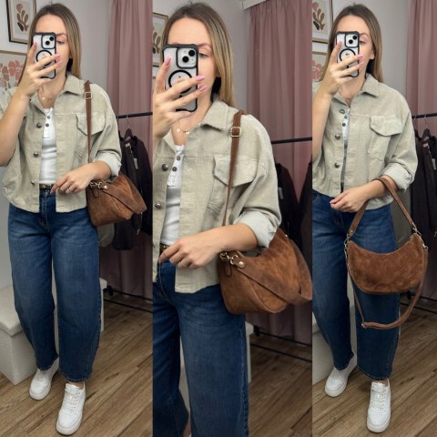 Cynamonowa torebka typu hobo skóra naturalna zamsz zamszowa Vera Pelle- DOUBLE STRAP
