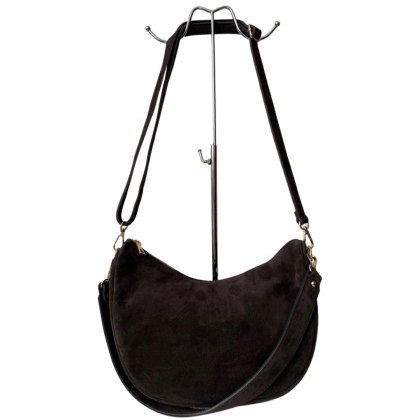 Czekoladowa torebka typu hobo skóra naturalna zamsz zamszowa Vera Pelle- DOUBLE STRAP