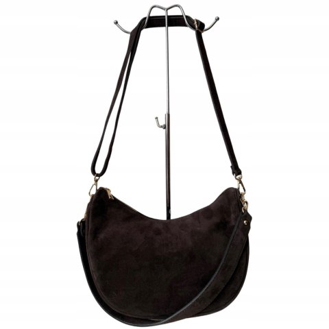 Czekoladowa torebka typu hobo skóra naturalna zamsz zamszowa Vera Pelle- DOUBLE STRAP
