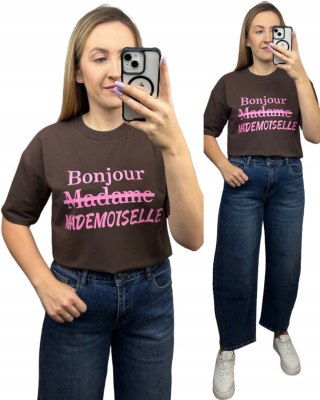 Czekoladowy t-shirt różowy napis oversize bawełniany Millagro- BONJOUR