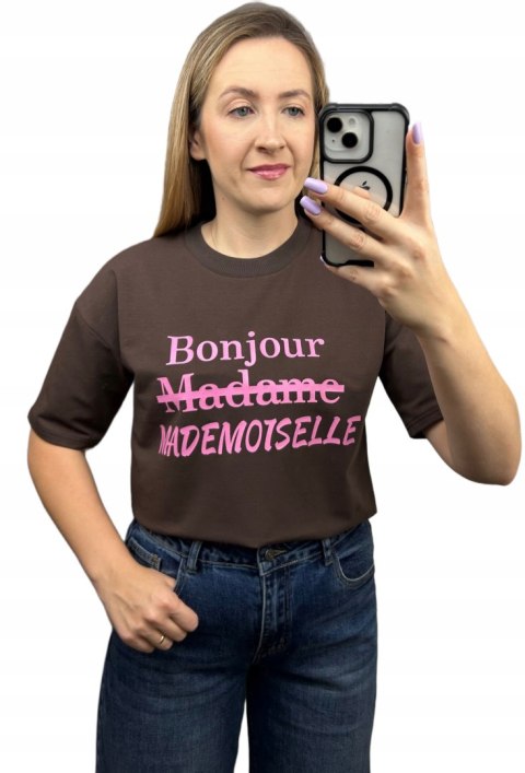 Czekoladowy t-shirt różowy napis oversize bawełniany Millagro- BONJOUR