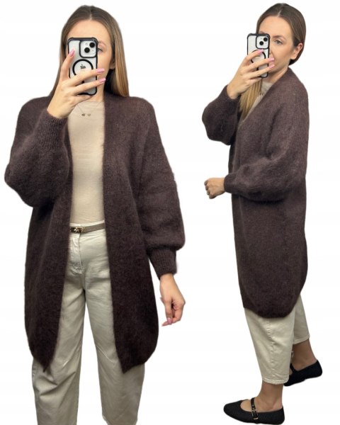 Długi luźny kardigan moherowy czekoladowy brązowy kid moher Toscana39- MOHAIR LUX