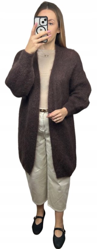 Długi luźny kardigan moherowy czekoladowy brązowy kid moher Toscana39- MOHAIR LUX