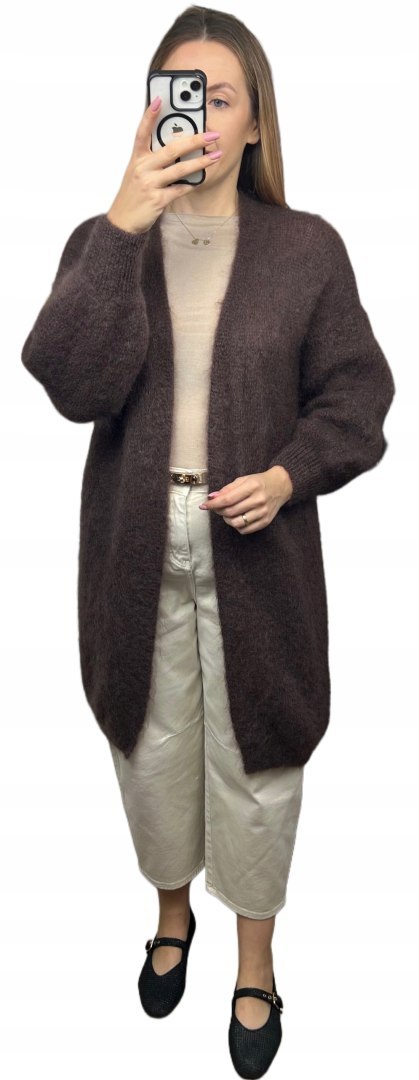 Długi luźny kardigan moherowy czekoladowy brązowy kid moher Toscana39- MOHAIR LUX