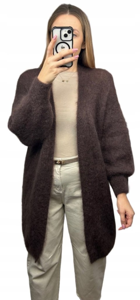 Długi luźny kardigan moherowy czekoladowy brązowy kid moher Toscana39- MOHAIR LUX