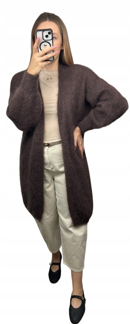 Długi luźny kardigan moherowy czekoladowy brązowy kid moher Toscana39- MOHAIR LUX