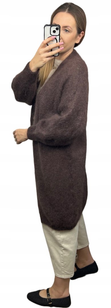 Długi luźny kardigan moherowy czekoladowy brązowy kid moher Toscana39- MOHAIR LUX