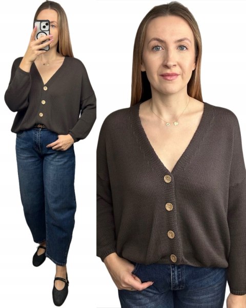 Kardigan sweter bawełniany guziki oversize luźny czekoladowy Made in Italy- PURE COTTON