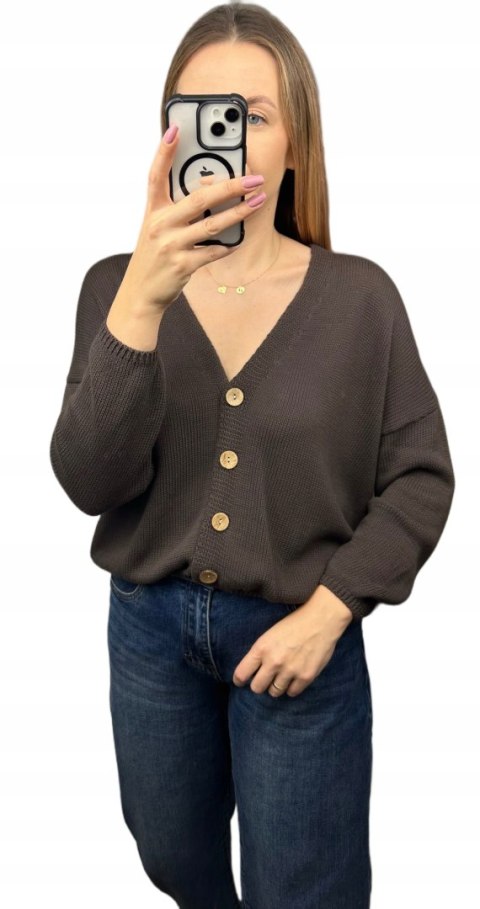 Kardigan sweter bawełniany guziki oversize luźny czekoladowy Made in Italy- PURE COTTON