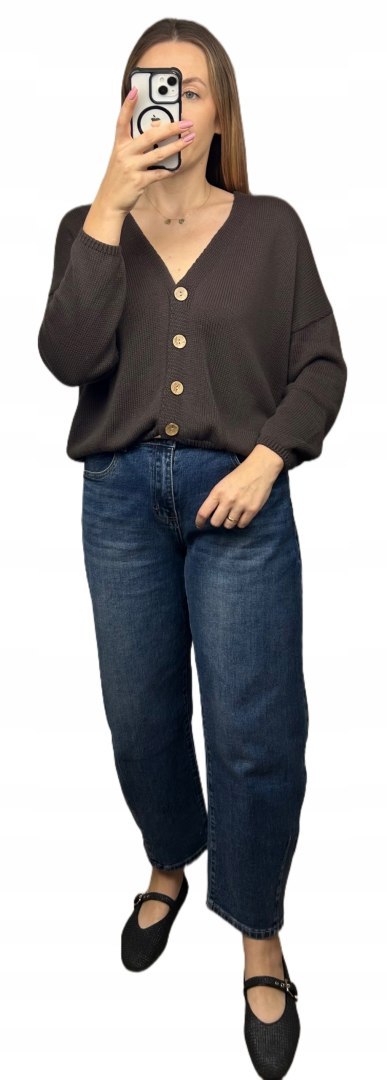 Kardigan sweter bawełniany guziki oversize luźny czekoladowy Made in Italy- PURE COTTON