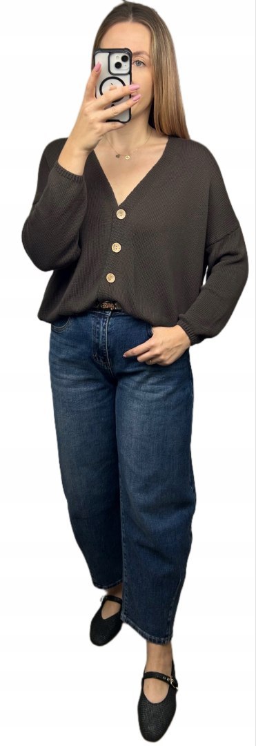 Kardigan sweter bawełniany guziki oversize luźny czekoladowy Made in Italy- PURE COTTON