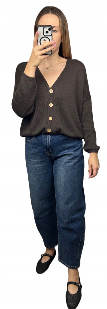 Kardigan sweter bawełniany guziki oversize luźny czekoladowy Made in Italy- PURE COTTON