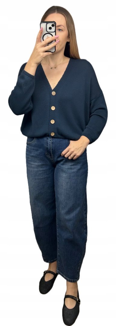 Kardigan sweter bawełniany guziki oversize luźny granatowy Made in Italy- PURE COTTON