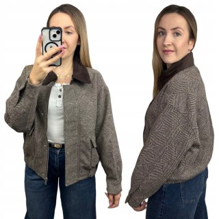 Kurtka bomberka w jodełkę brązowa beżowa oversize Wiya- COZY STYLE
