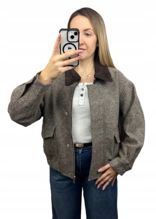 Kurtka bomberka w jodełkę brązowa beżowa oversize Wiya- COZY STYLE