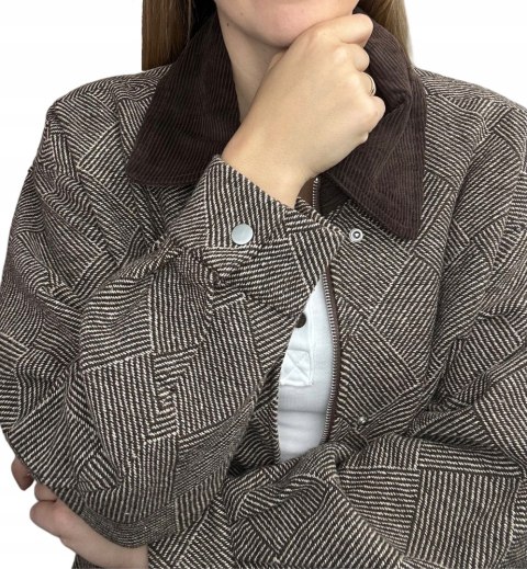 Kurtka bomberka w jodełkę brązowa beżowa oversize Wiya- COZY STYLE