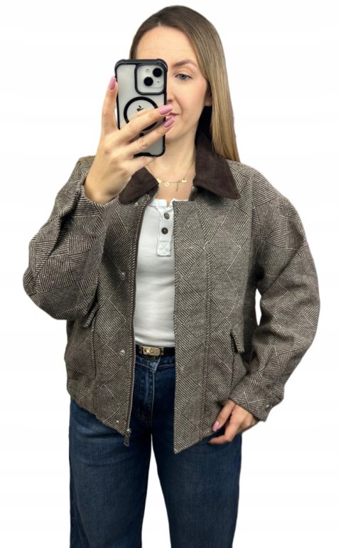 Kurtka bomberka w jodełkę brązowa beżowa oversize Wiya- COZY STYLE