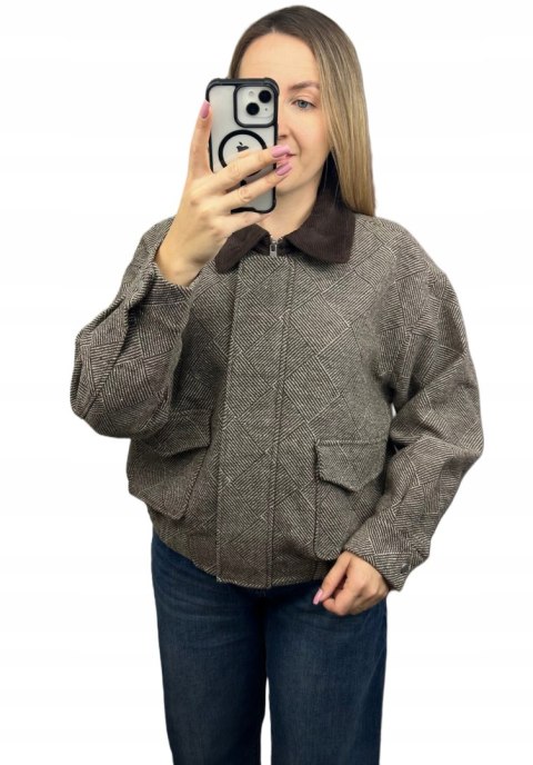Kurtka bomberka w jodełkę brązowa beżowa oversize Wiya- COZY STYLE