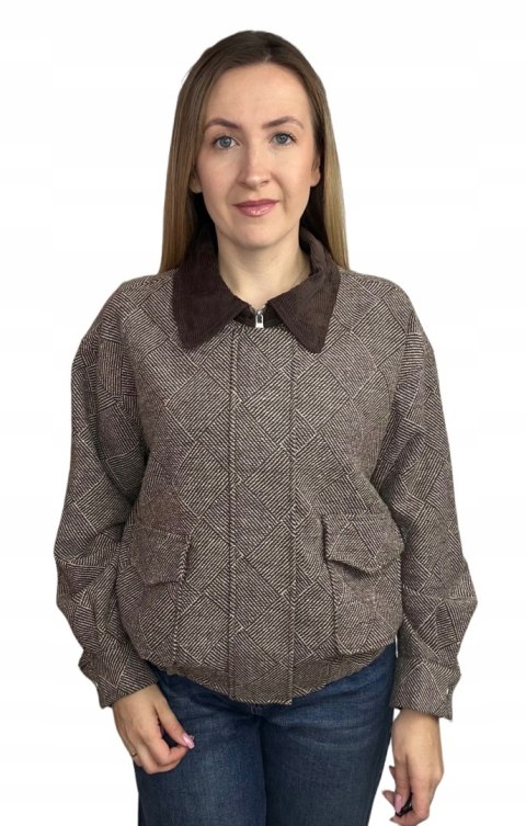 Kurtka bomberka w jodełkę brązowa beżowa oversize Wiya- COZY STYLE