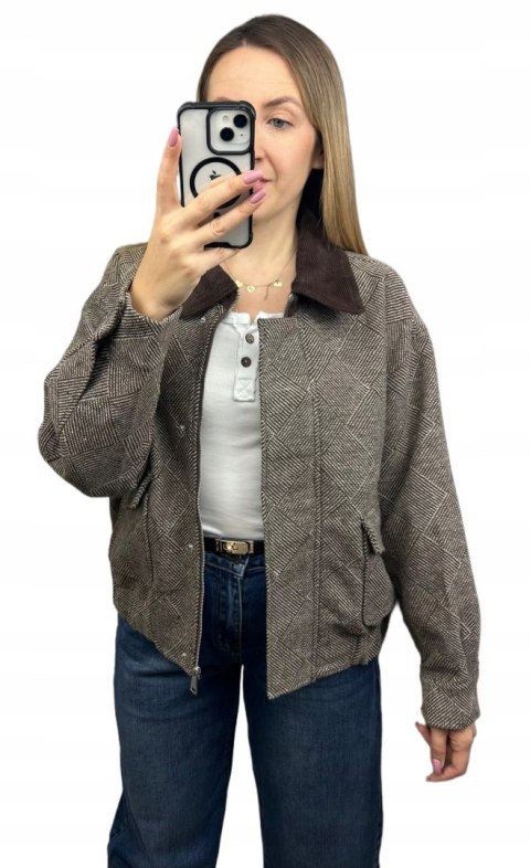 Kurtka bomberka w jodełkę brązowa beżowa oversize Wiya- COZY STYLE