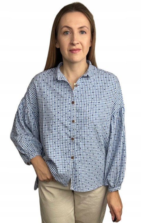 Luźna koszula w kratkę kratę serduszka oversize guziki niebieska Wiya- VIVI
