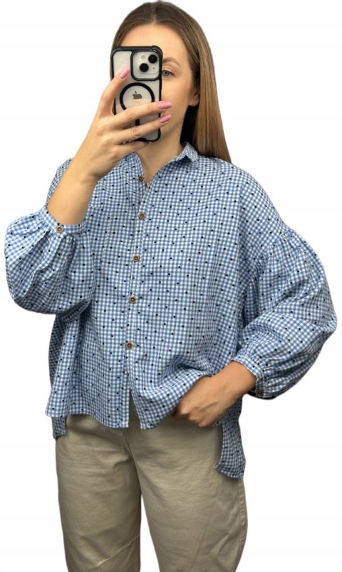 Luźna koszula w kratkę kratę serduszka oversize guziki niebieska Wiya- VIVI