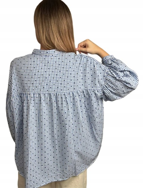 Luźna koszula w kratkę kratę serduszka oversize guziki niebieska Wiya- VIVI