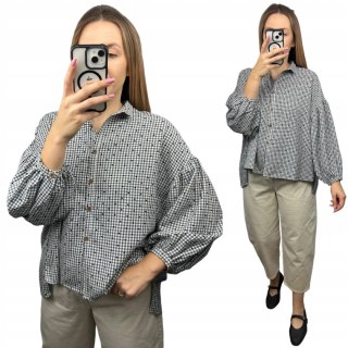 Luźna koszula w kratkę kratę serduszka oversize guziki szara czarna Wiya- VIVI